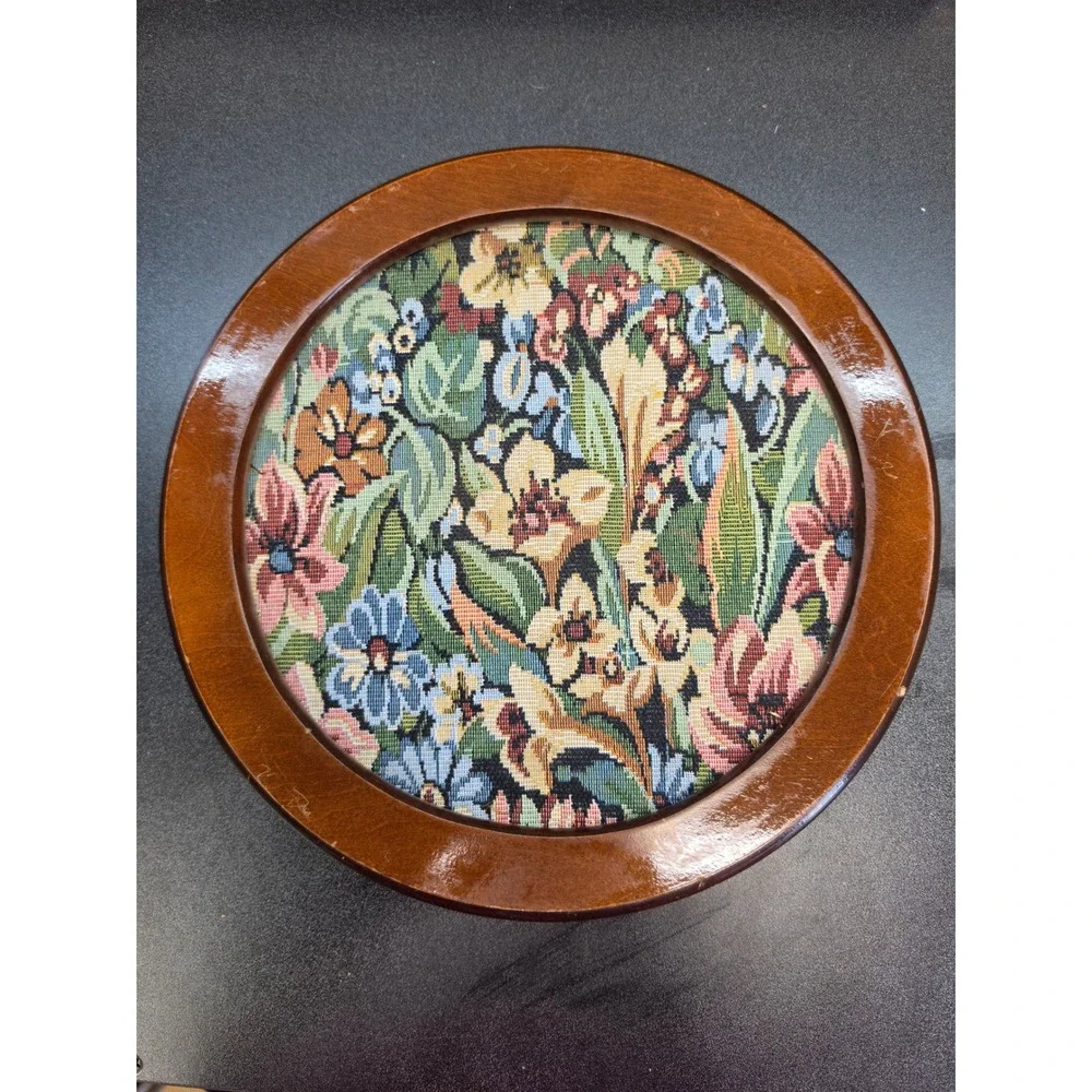 Vintage Floral Needlepoint Round Wood Frame Wall Decor Footstool Top 11.25 inch